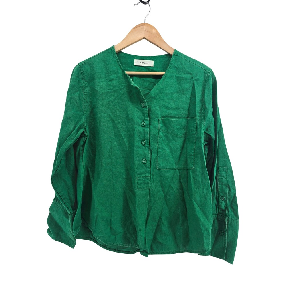 Everlane Linen Top Womens S Popover Long Sleeve Kelly Green EUC